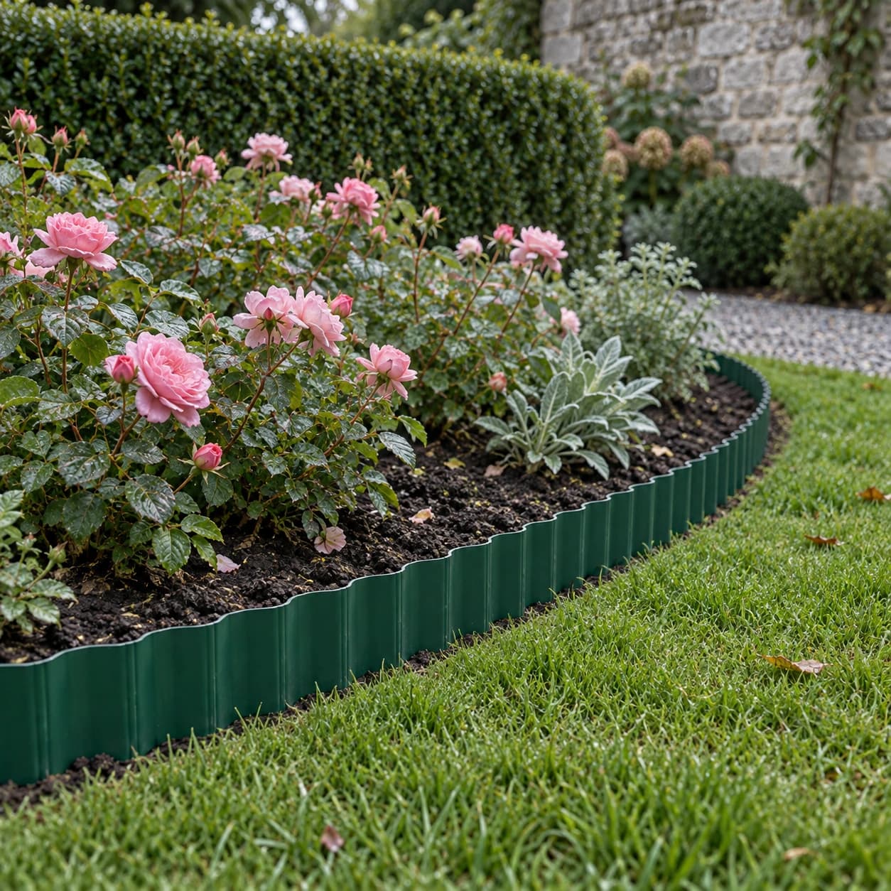 Bordure installée en courbe le long d'un massif de fleurs