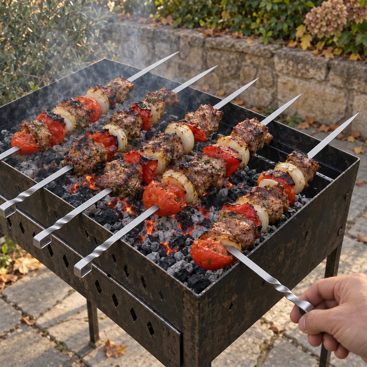 Brochettes garnies de viande et légumes sur un barbecue à charbon, main posée sur l'oeillet