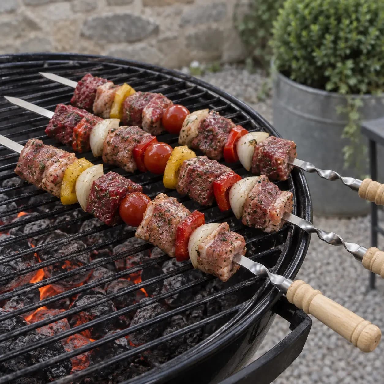 Brochettes garnies de viande, poivrons et oignons posées en travers de la grille d'un barbecue à braises
