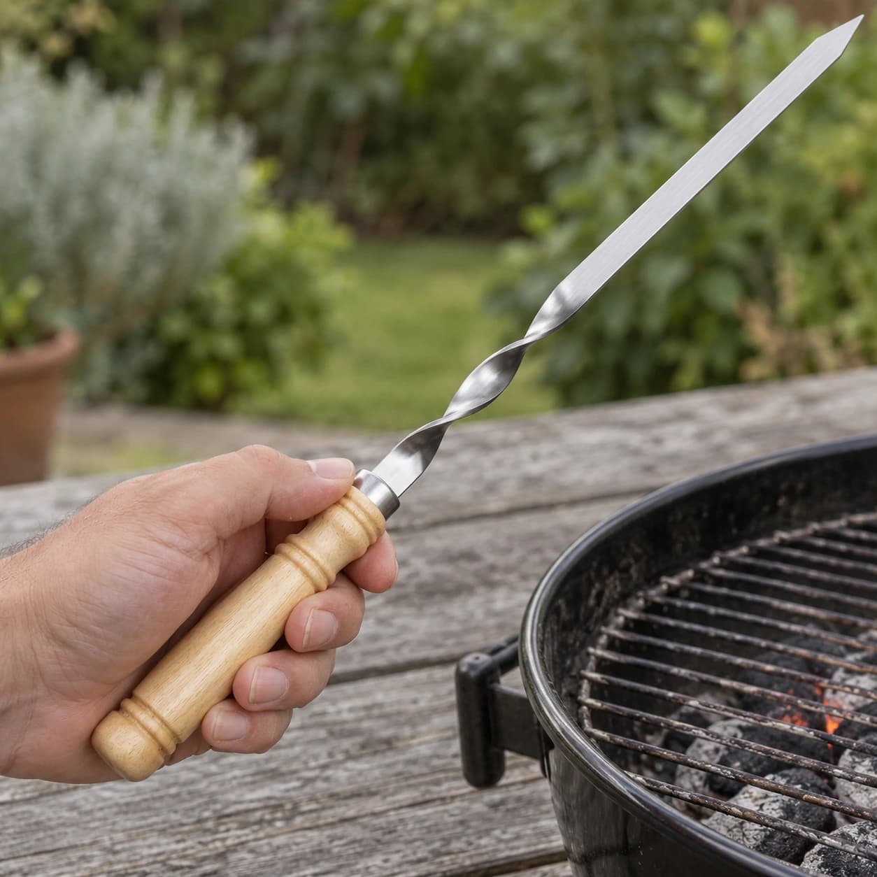 Main tenant une brochette par son manche fusiforme en bois, longue lame plate effilée prolongeant la prise