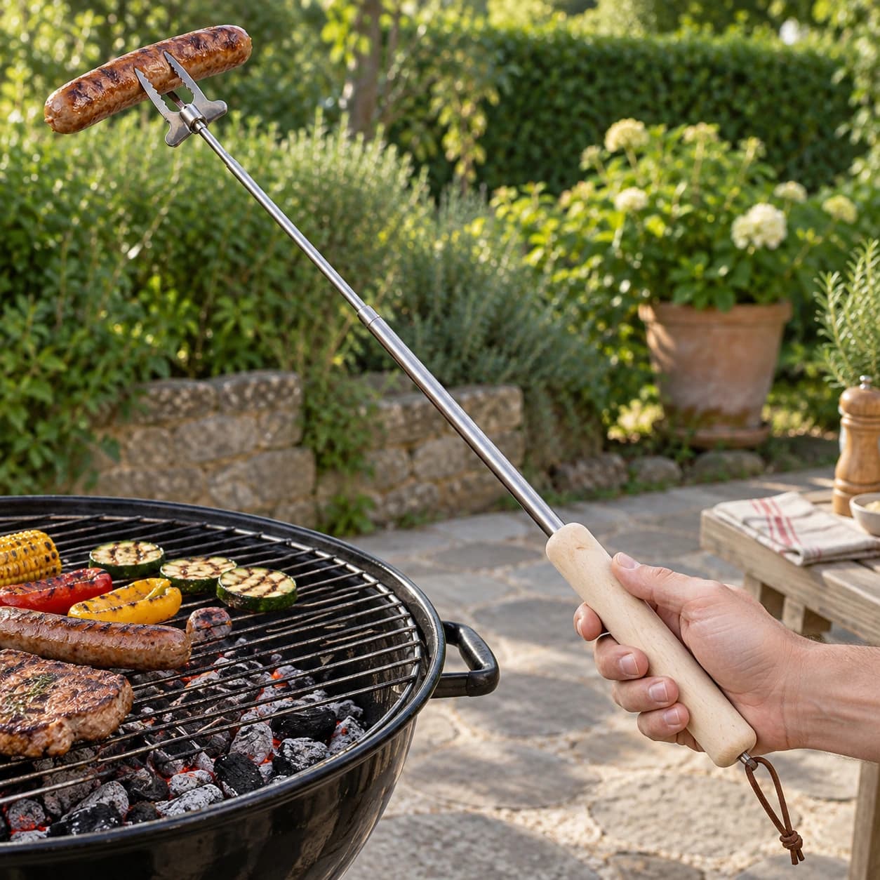 Fourchette télescopique dépliée tenant une saucisse au-dessus d'un barbecue à charbon, sur terrasse