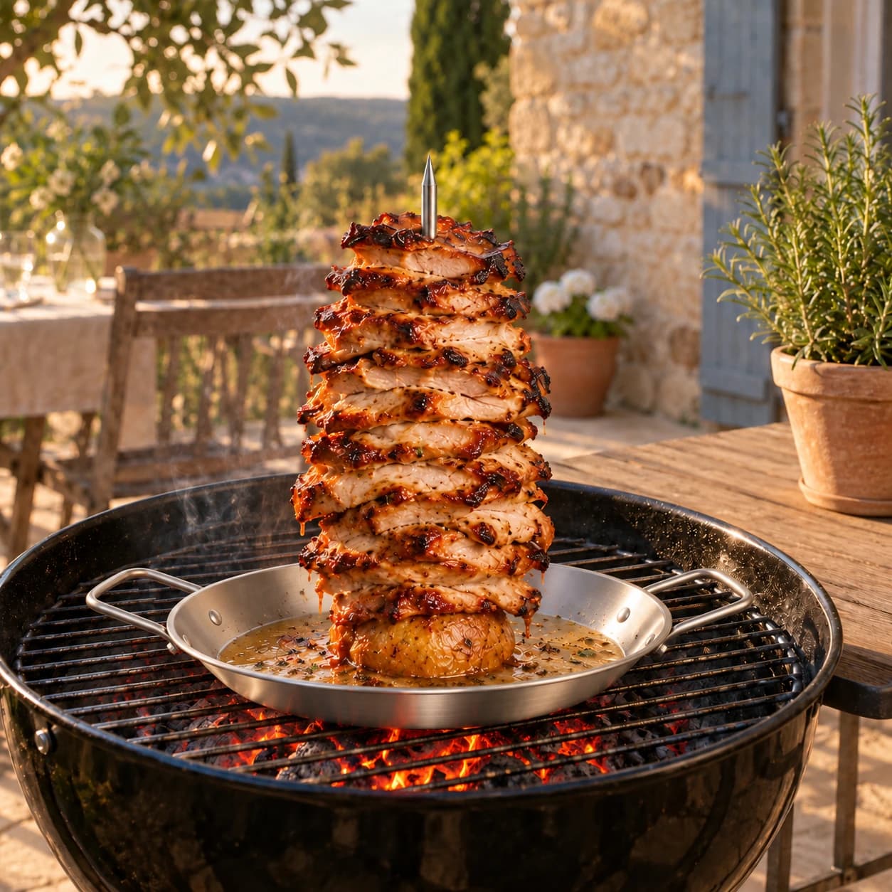Plaque posée sur un barbecue, tranches de viande rôties empilées sur la tige dressée face aux braises
