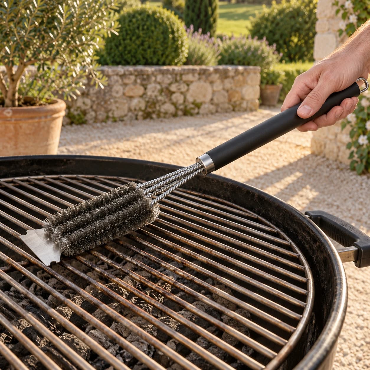 Brosse de barbecue inox à rouleaux passée sur les barreaux d'une grille, manche tenu d'une main