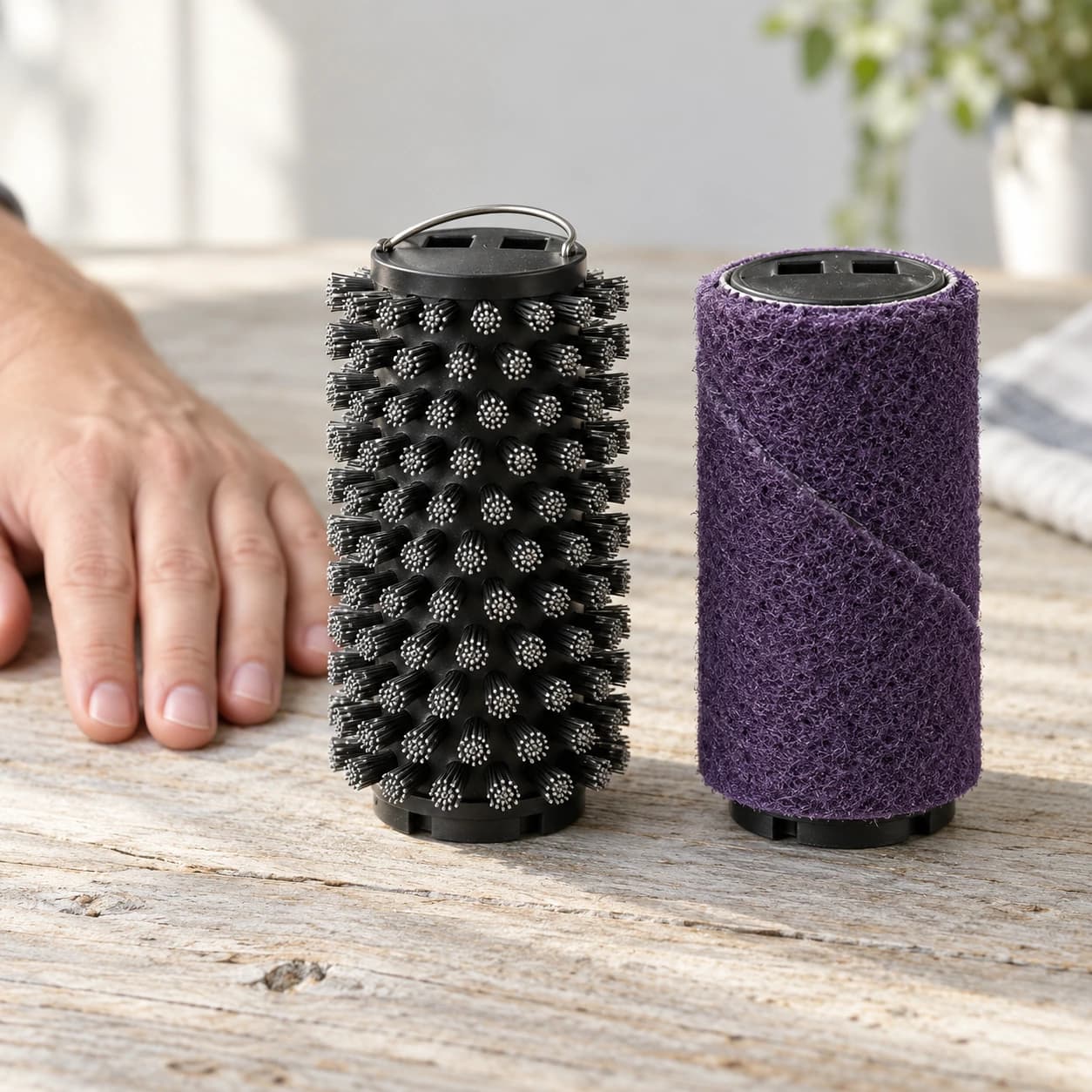 Les deux têtes de rechange debout côte à côte, tambour à poils noirs et tambour violet à tampon de récurage