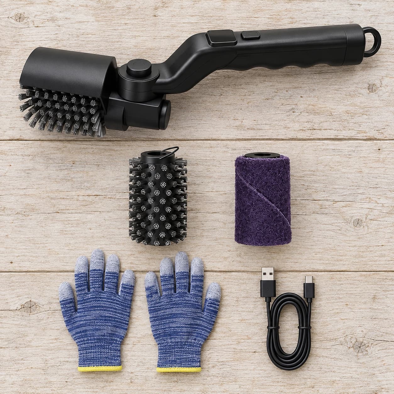 Le contenu du colis posé à plat : la brosse, deux têtes de rechange, une paire de gants et le câble de charge