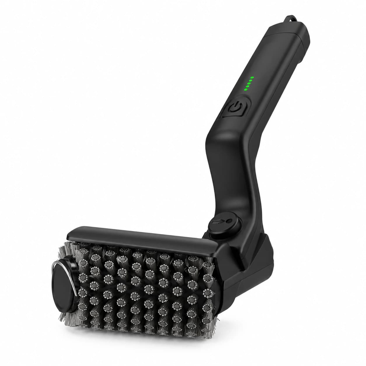 Brosse électrique rotative noire à poignée et témoin, tête cylindrique à fils métalliques montée