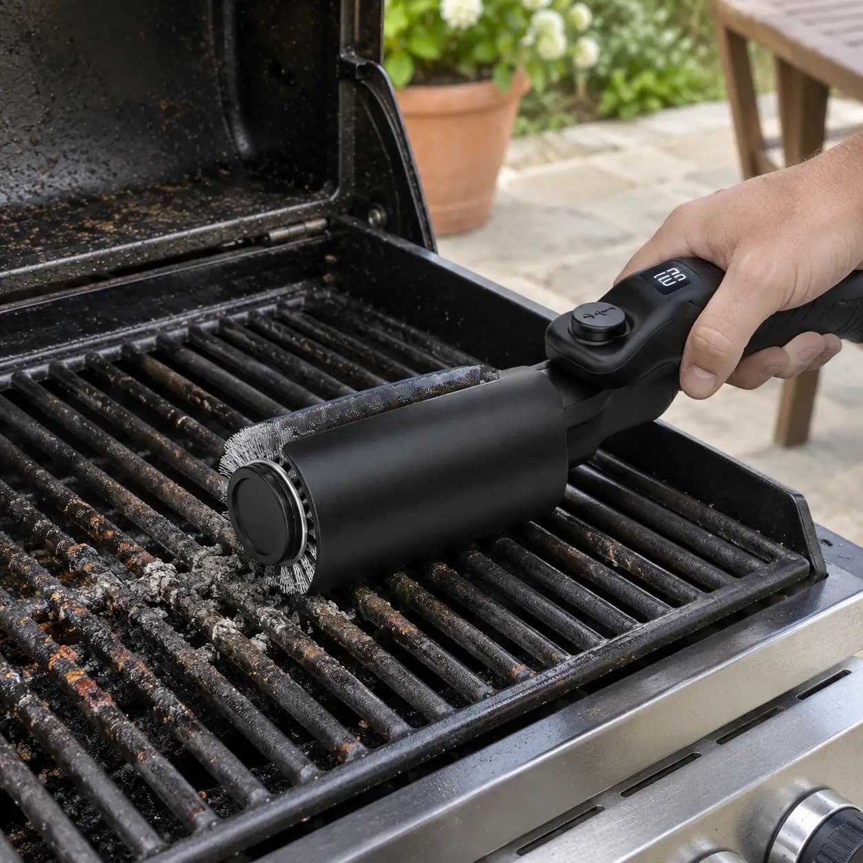 Nettoyage de la grille d'un barbecue à gaz avec la brosse rotative, sur une terrasse