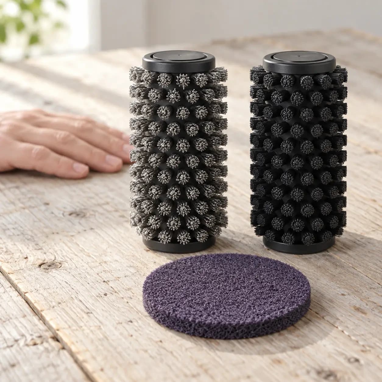 Deux têtes fournies côte à côte, l'une à fils métalliques, l'autre à brins noirs, et le disque abrasif violet