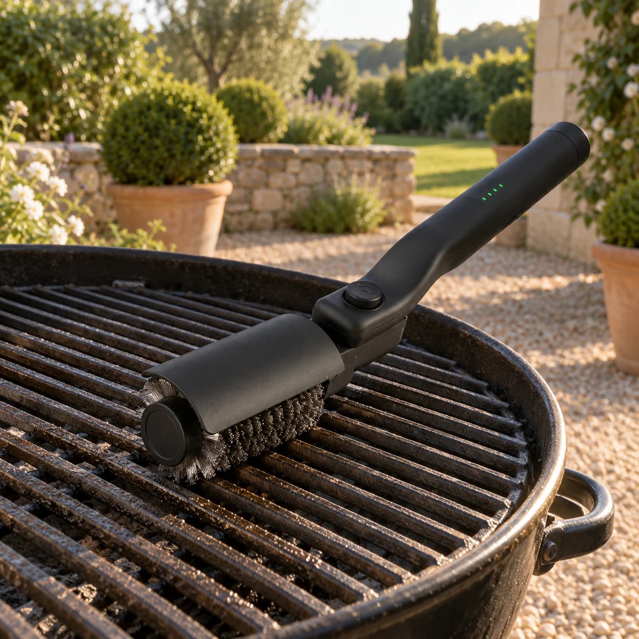 Brosse électrique de barbecue posée sur la grille d'un barbecue à charbon, terrasse de jardin