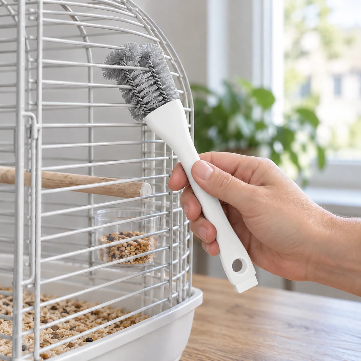 Main tenant la brosse par son manche blanc pour brosser les barreaux du haut d'une cage d'oiseaux