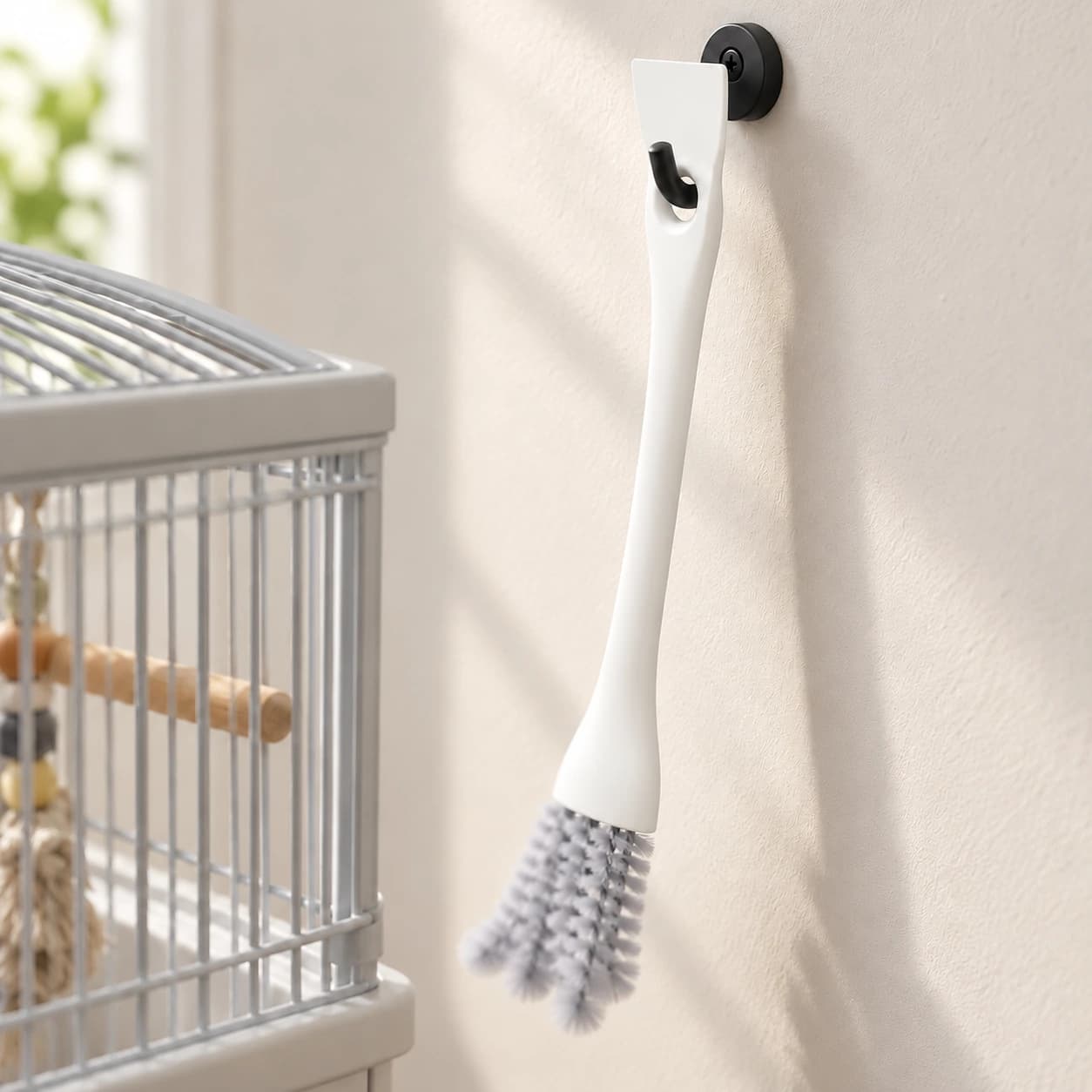 Extrémité grattoir d'angle de la brosse à cage, trou de suspension ovale, suspendue à un crochet mural