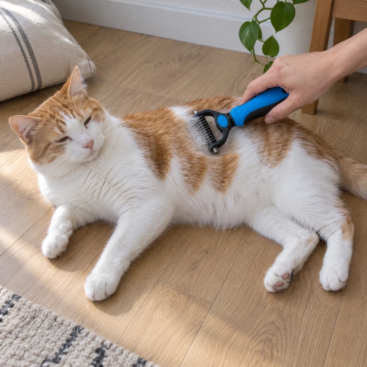 Brosse à sous-poil bleue passée sur le dos d'un chat au poil mi-long couché sur un parquet clair