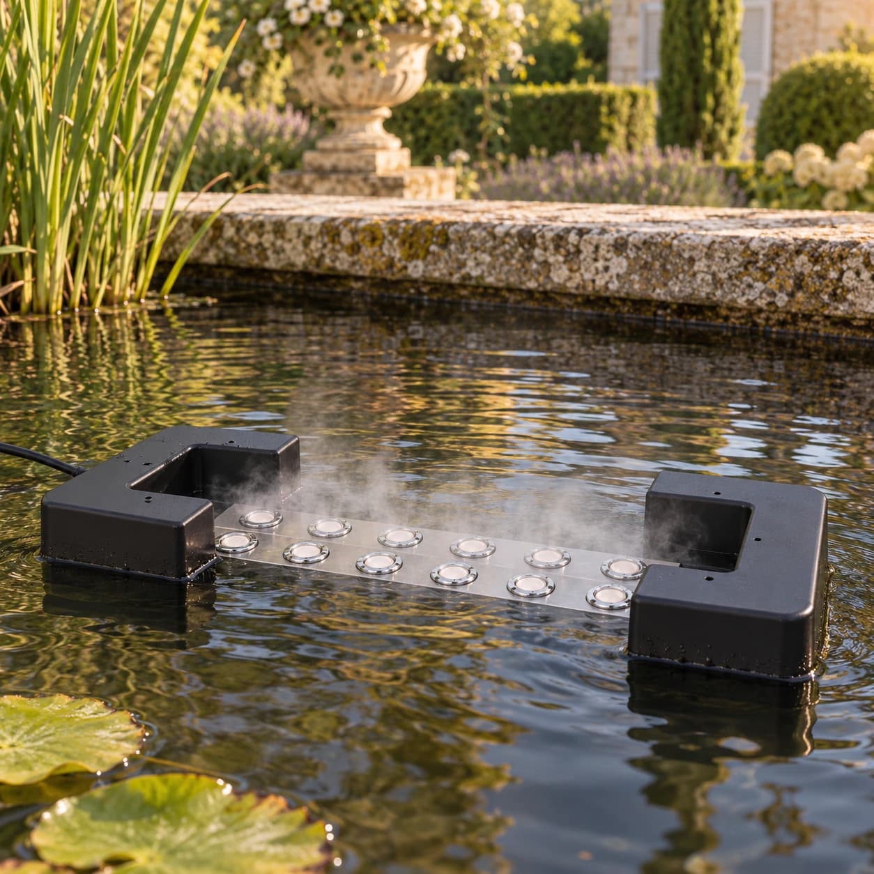 La barre à douze disques en place dans un bassin de jardin, brume fine au-dessus de l'eau