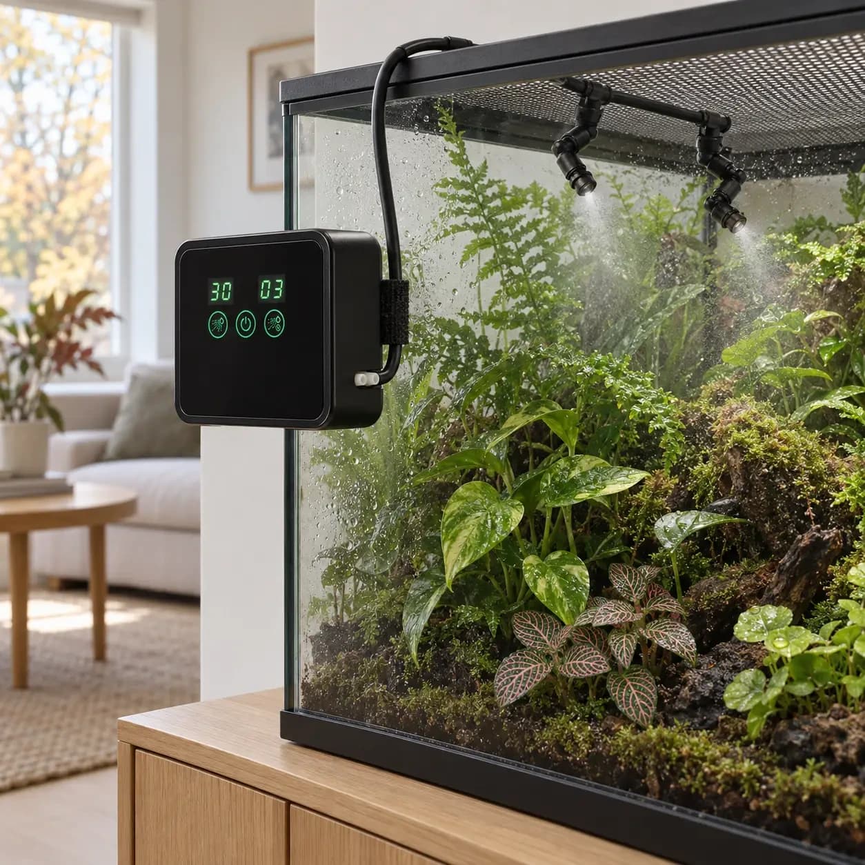 Boîtier fixé par bande auto-agrippante sur un terrarium vitré, deux têtes brumisant au-dessus des plantes