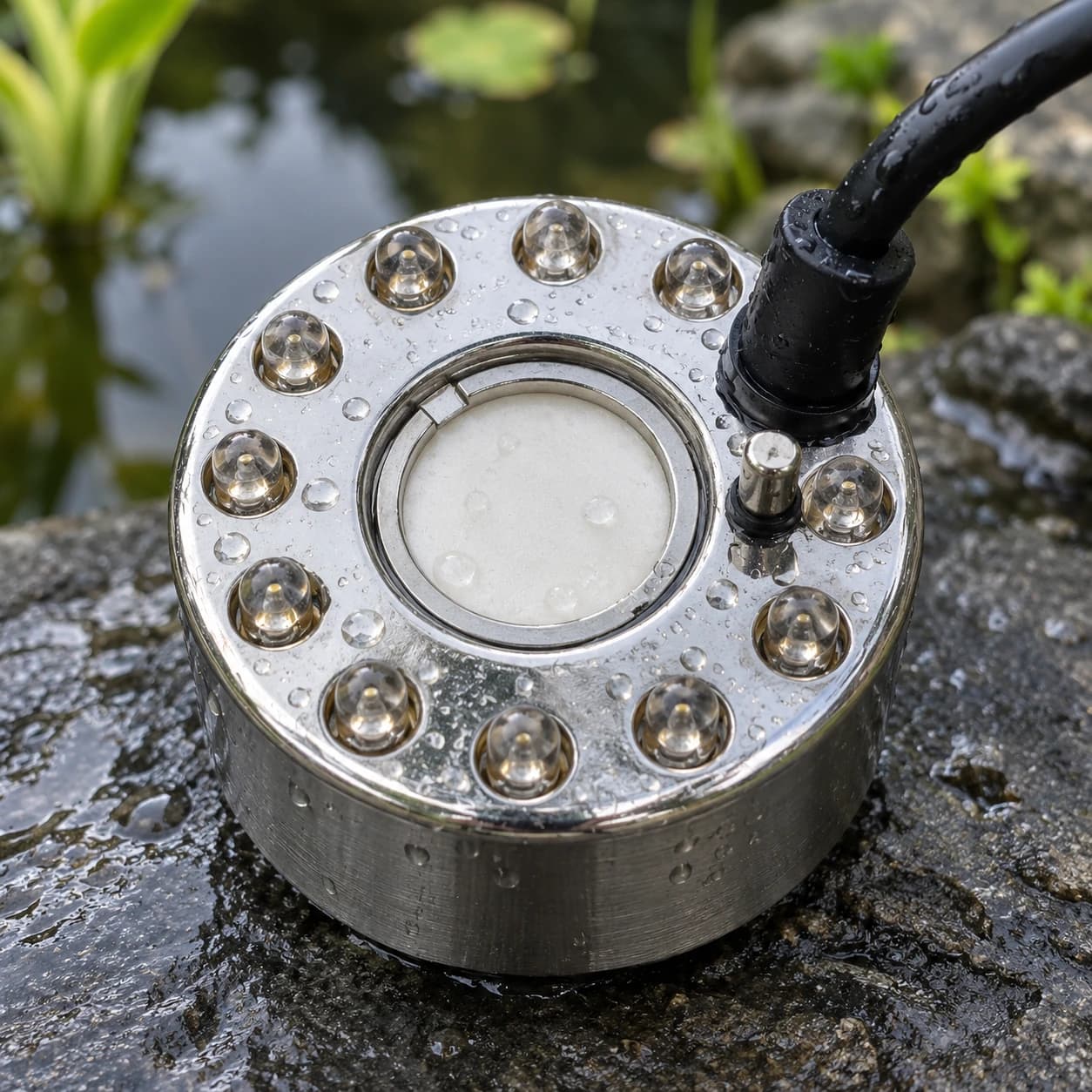 Gros plan sur la couronne polie d'une tête, son cercle de LED éteintes et son disque céramique blanc
