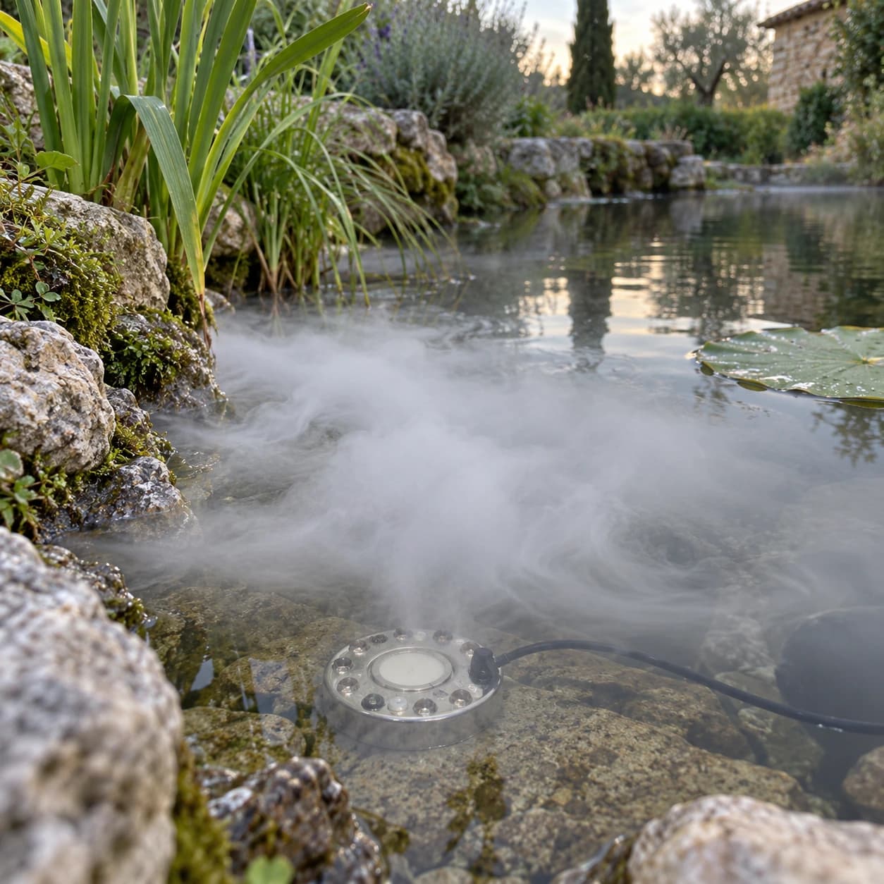 Nappe de brume au ras de l'eau d'un bassin de jardin, la tête immergée visible sous la surface