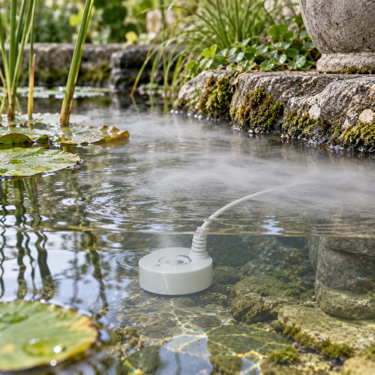 Brumisateur à ultrasons immergé dans un bassin de jardin, voile de brume blanche en surface