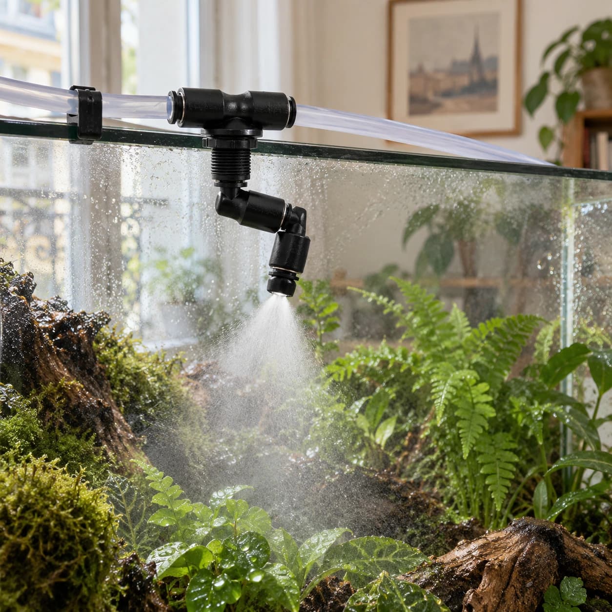 La buse fixée sur le bord d'un terrarium planté, sa brume fine retombant sur les fougères et la mousse