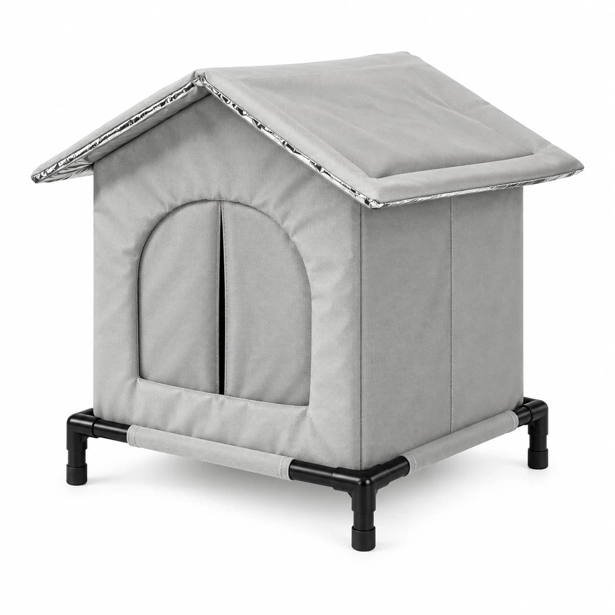 Cabane pour chat sur pied en tissu gris clair, vue de trois quarts sur fond blanc
