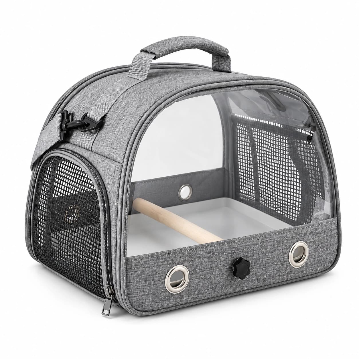 Sac de transport pour oiseau en tissu gris chiné, posé de trois quarts, perchoir et plateau en place