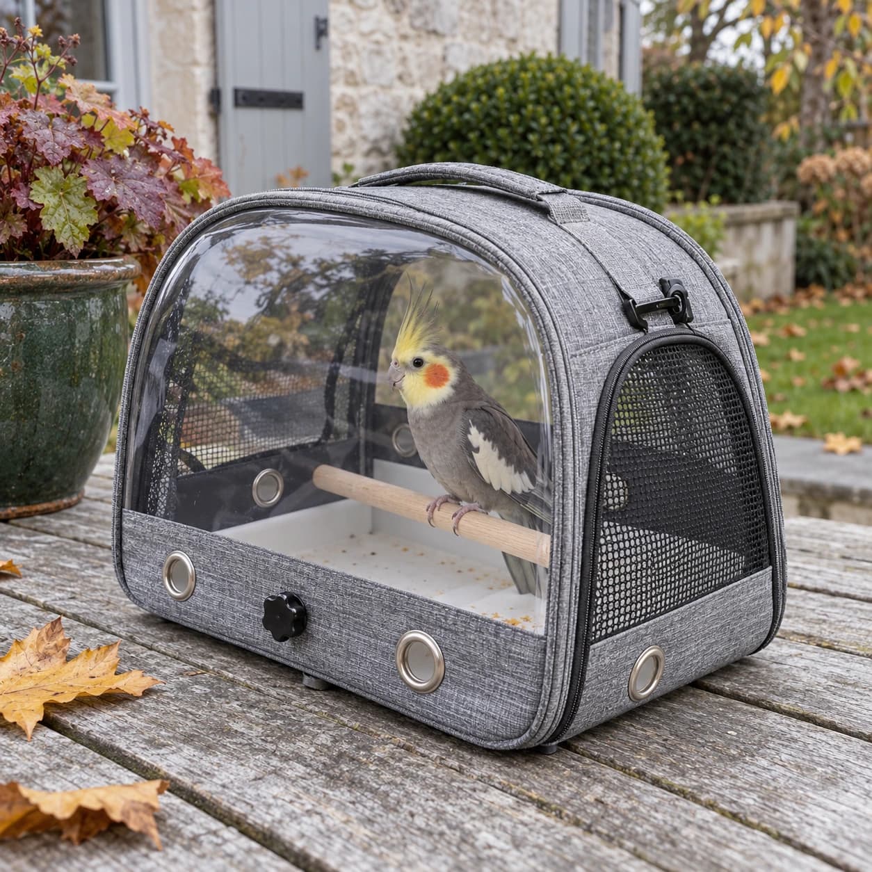 Calopsitte de profil dans le sac de transport, posée sur le perchoir en bois derrière le panneau transparent