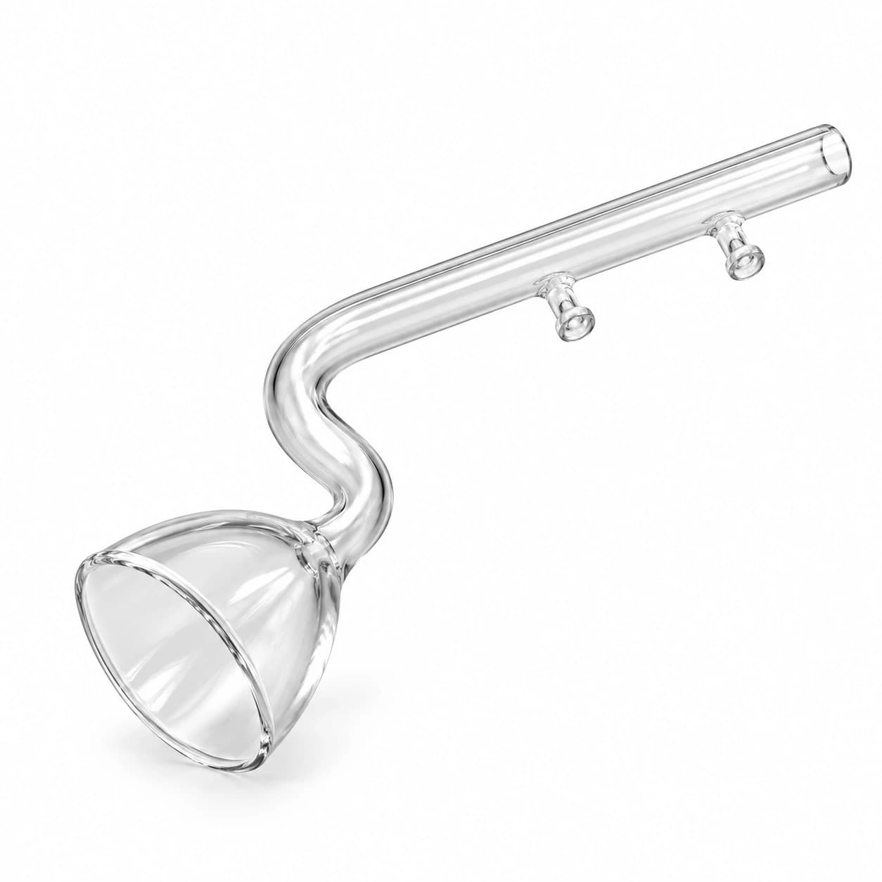 La canne de rejet en verre seule sur fond blanc, embouchure évasée et coude visibles
