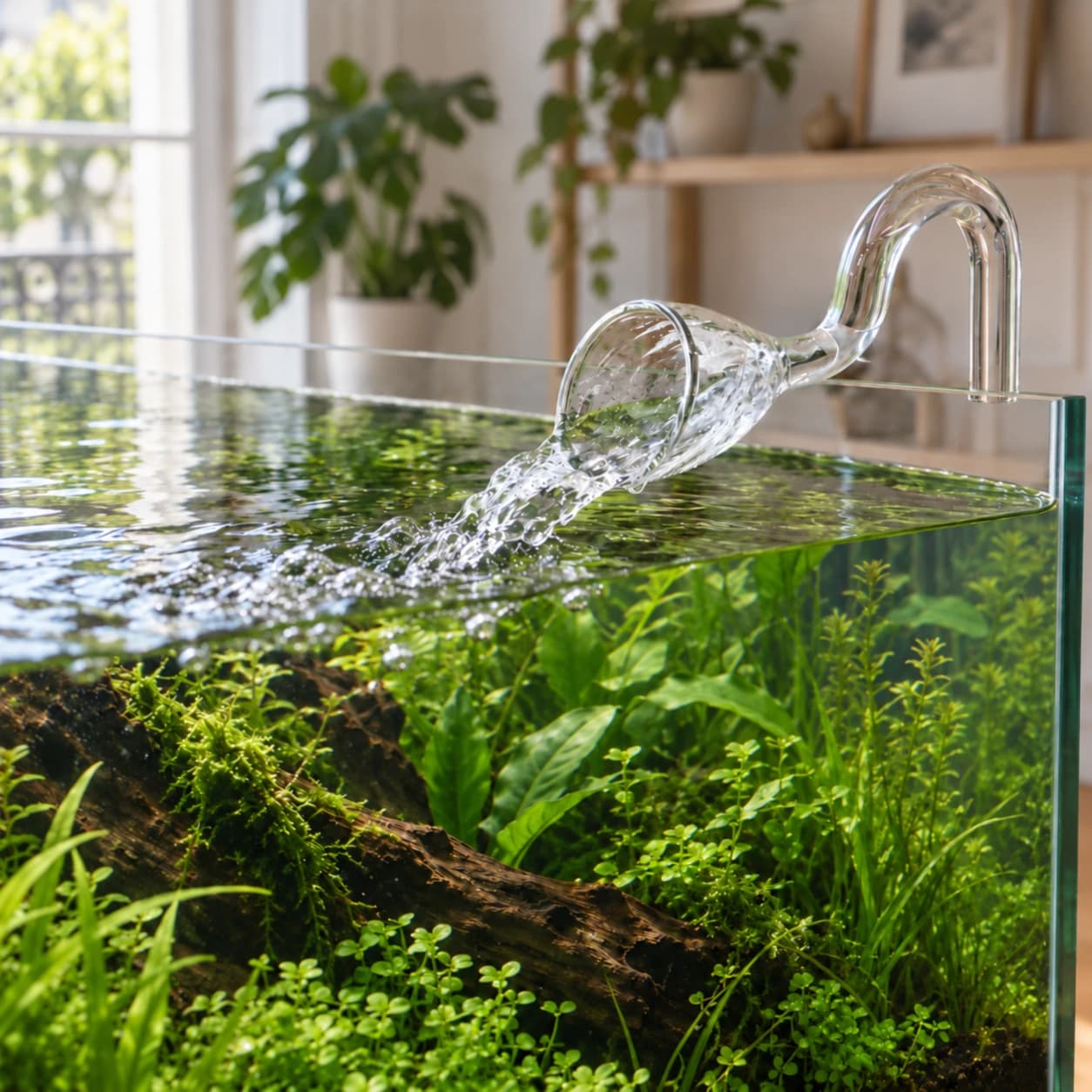 La pièce en verre en place sur un bac planté, son embouchure versant l’eau à la surface