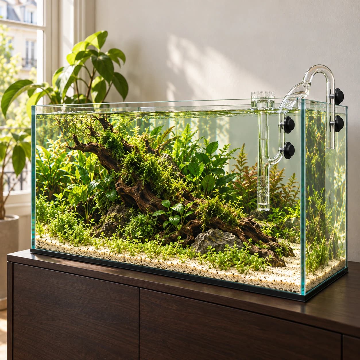 L'ensemble monté sur un aquarium domestique, la couronne à fleur d'eau et le coude en U passé par-dessus la tranche du bac