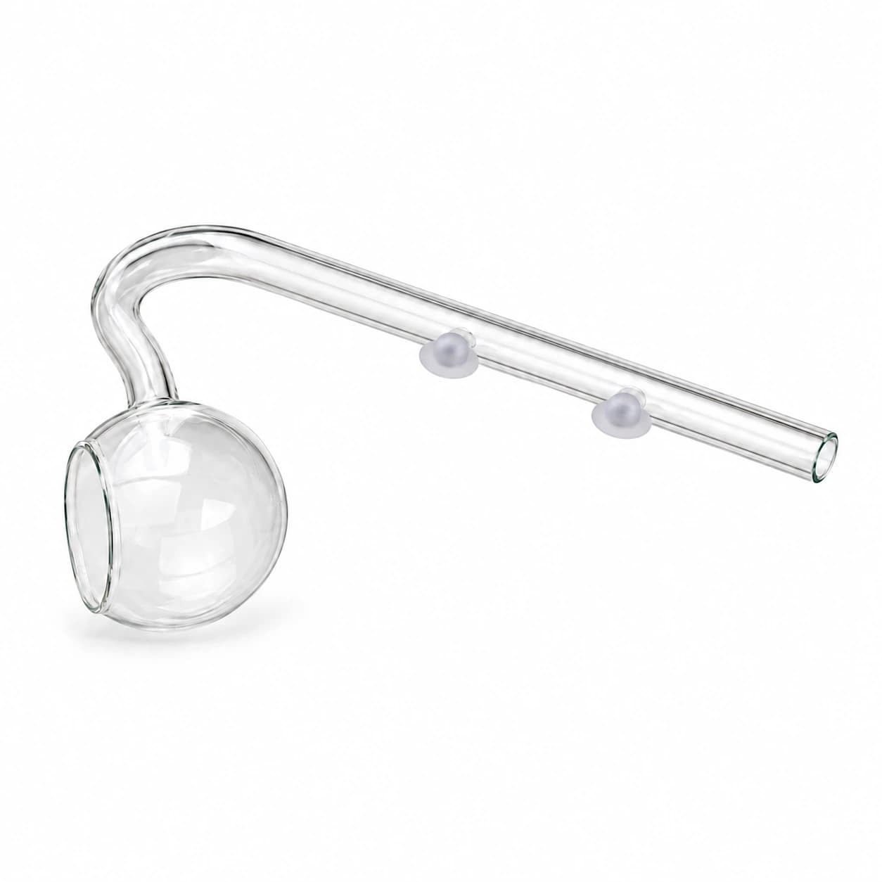 La canne de rejet en verre sur fond blanc, son long tube, son coude arrondi et sa sortie à large ouverture