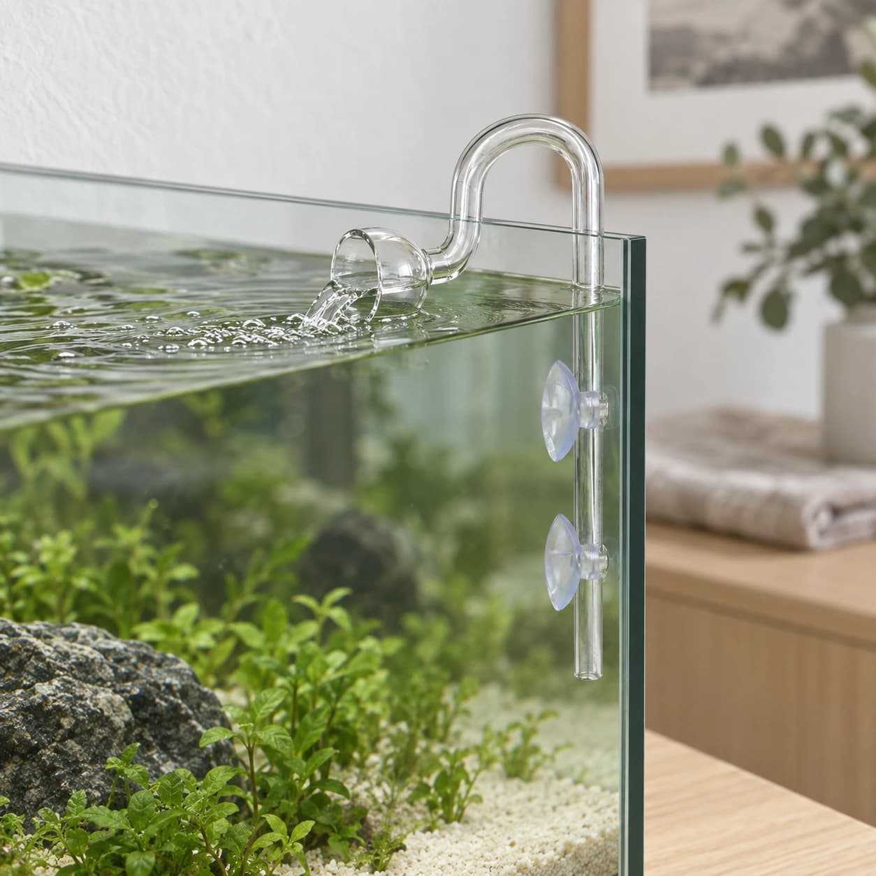 La pièce montée sur un bac planté sans cadre, le coude au-dessus de la ligne d’eau, tenue par deux ventouses