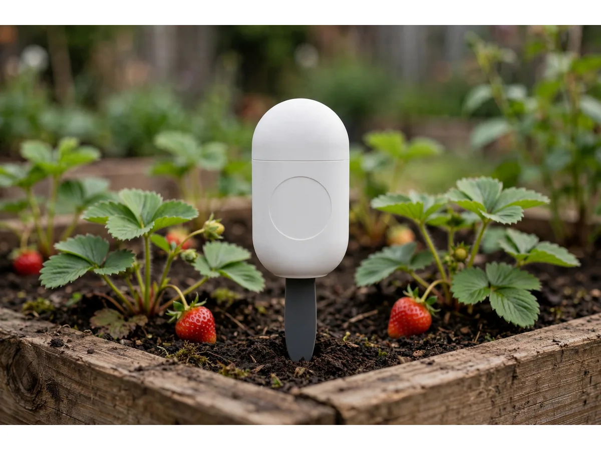Le capteur planté parmi des fraisiers dans un bac potager surélevé en bois, laissé en place au milieu des plants