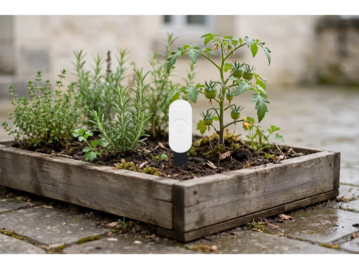 Capteur laissé à demeure dans une jardinière en bois d'aromatiques et d'un pied de tomate, sur une terrasse aux dalles humides
