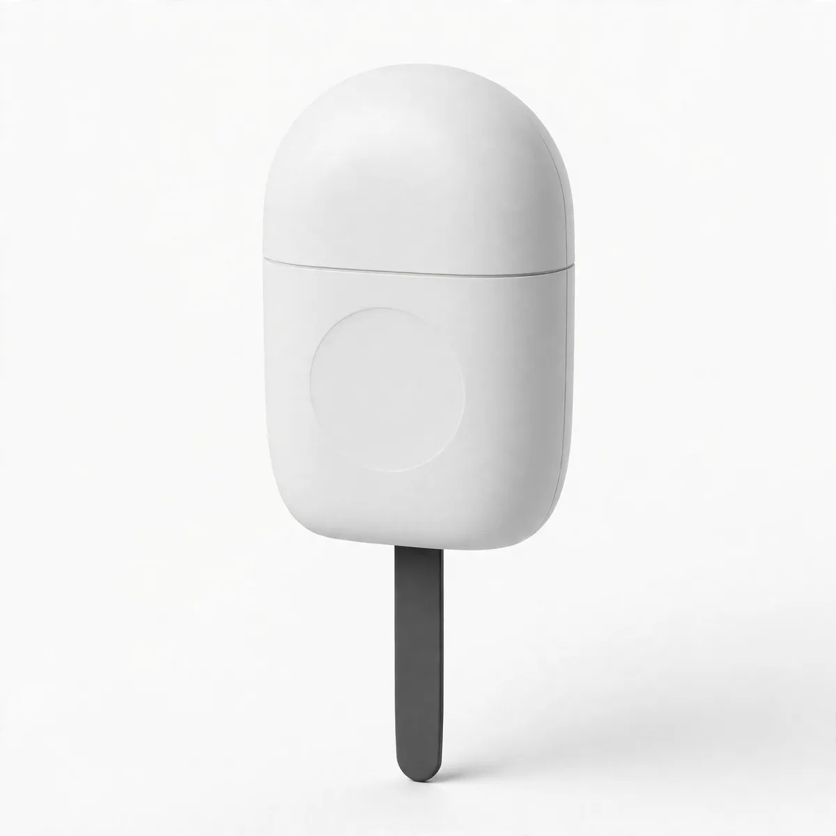 Capsule blanc mat seule sur fond blanc, boîtier lisse sans écran ni bouton, sommet arrondi et courte lame de sonde gris foncé sous le corps