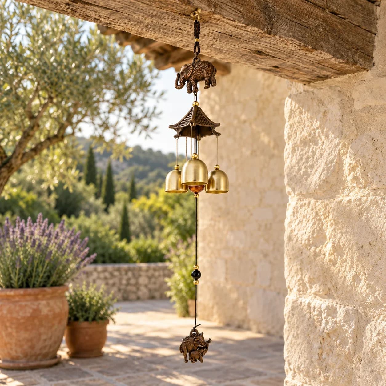 Le carillon suspendu sous une poutre de chêne, sur une terrasse de pierre avec lavande et thym en pot