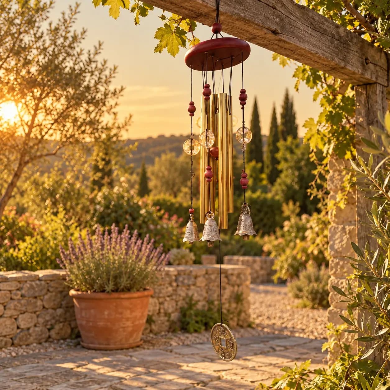 Le carillon suspendu à la poutre d'une pergola, éclairé par le soleil doux d'une fin d'après-midi