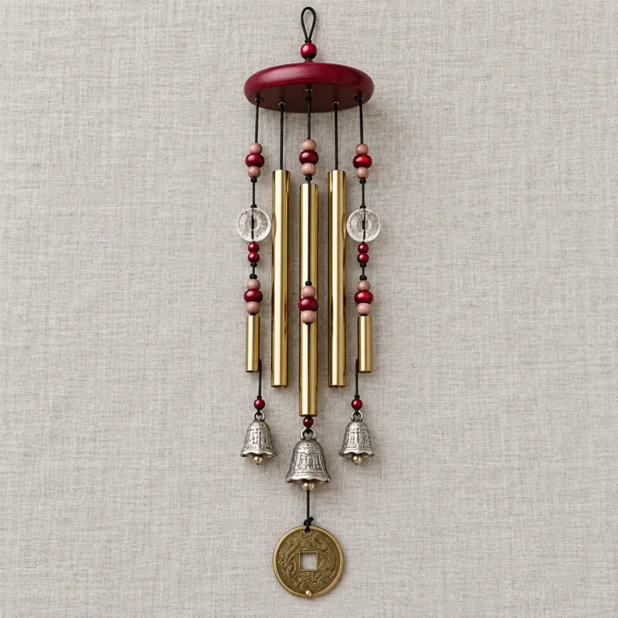 Le carillon livré déplié à plat : disque, cordes à perles, cinq tubes, trois clochettes et jeton de laiton