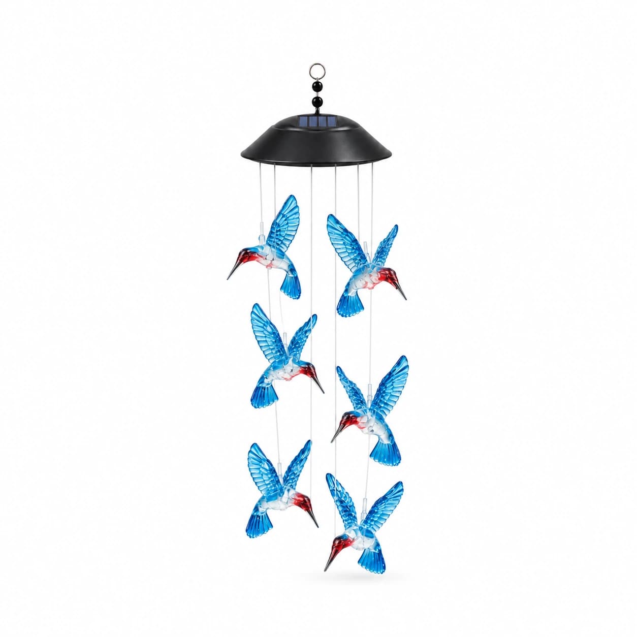 Le carillon solaire colibri suspendu, ses six oiseaux translucides sous le chapeau noir