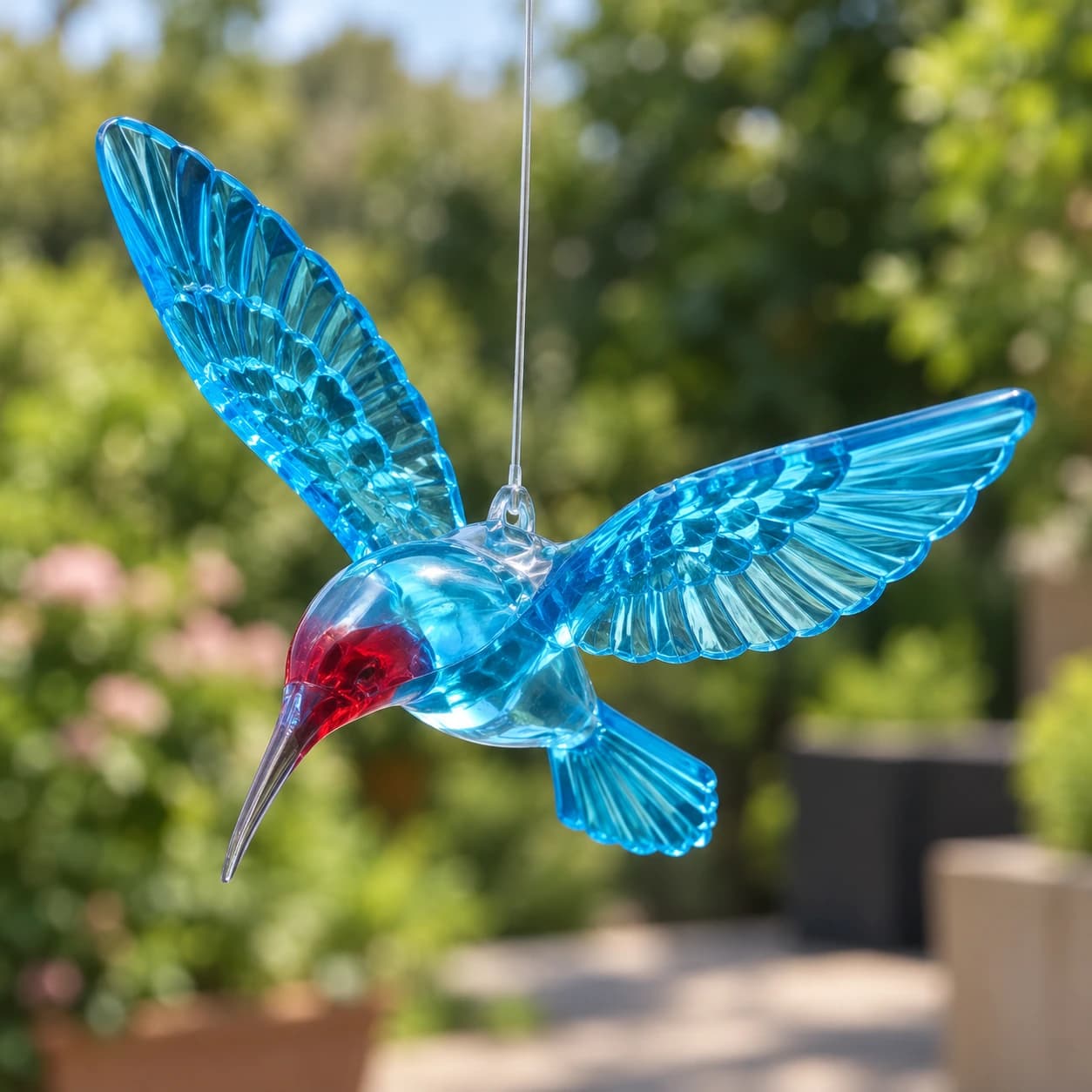 Gros plan d'un colibri du carillon, ailes bleues déployées et gorge rouge translucide
