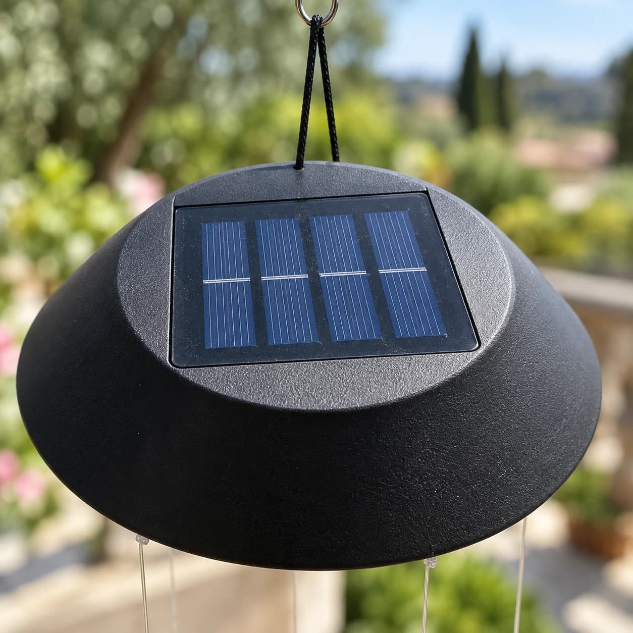 Le dessus du chapeau noir du carillon et son panneau solaire carré à quatre bandes