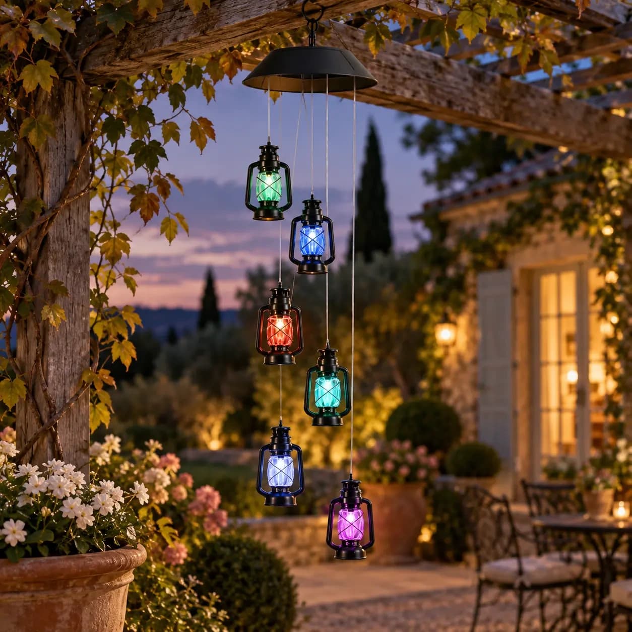 Le carillon solaire allumé au crépuscule sous une tonnelle, ses six lanternes de teintes assorties