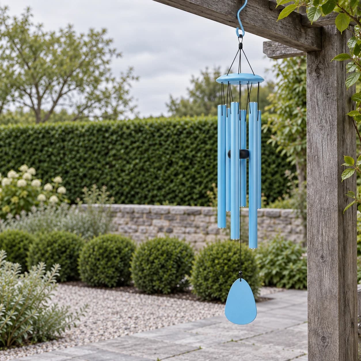 Le carillon suspendu à une poutre de pergola, dans un jardin de haie et de buis