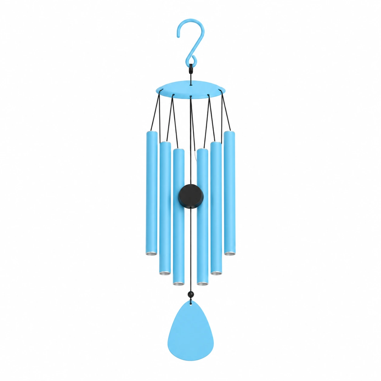 Le carillon posé à plat, ses six tubes alignés et son voile bleu en goutte, sur fond blanc