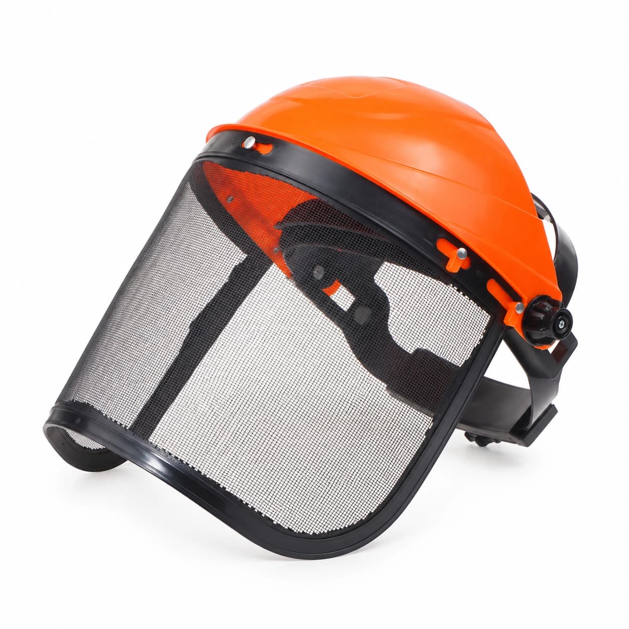 La casquette de débroussaillage orange à masque grillagé, coque rigide et visière en maille métallique