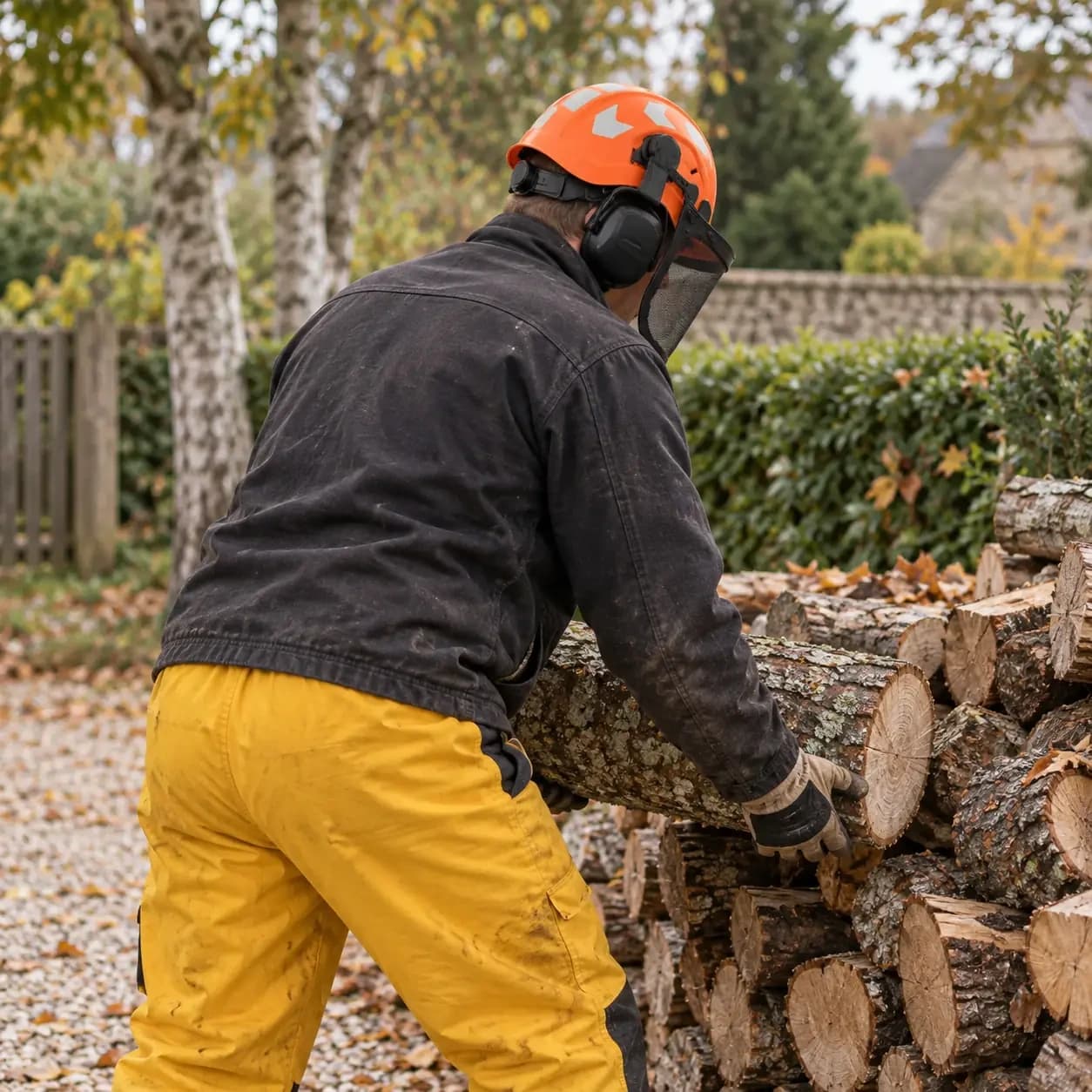 Le casque forestier porté devant une pile de bois, visière grillagée baissée et coquilles antibruit en place