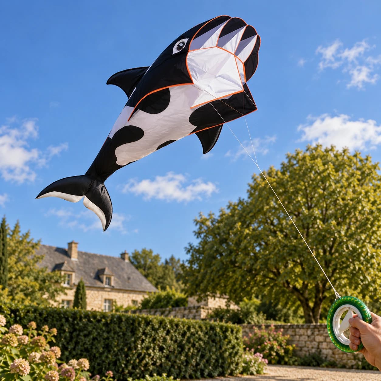 Le cerf-volant baleine en vol dans un ciel bleu au-dessus d'un jardin français, sa ligne tenue par un adulte