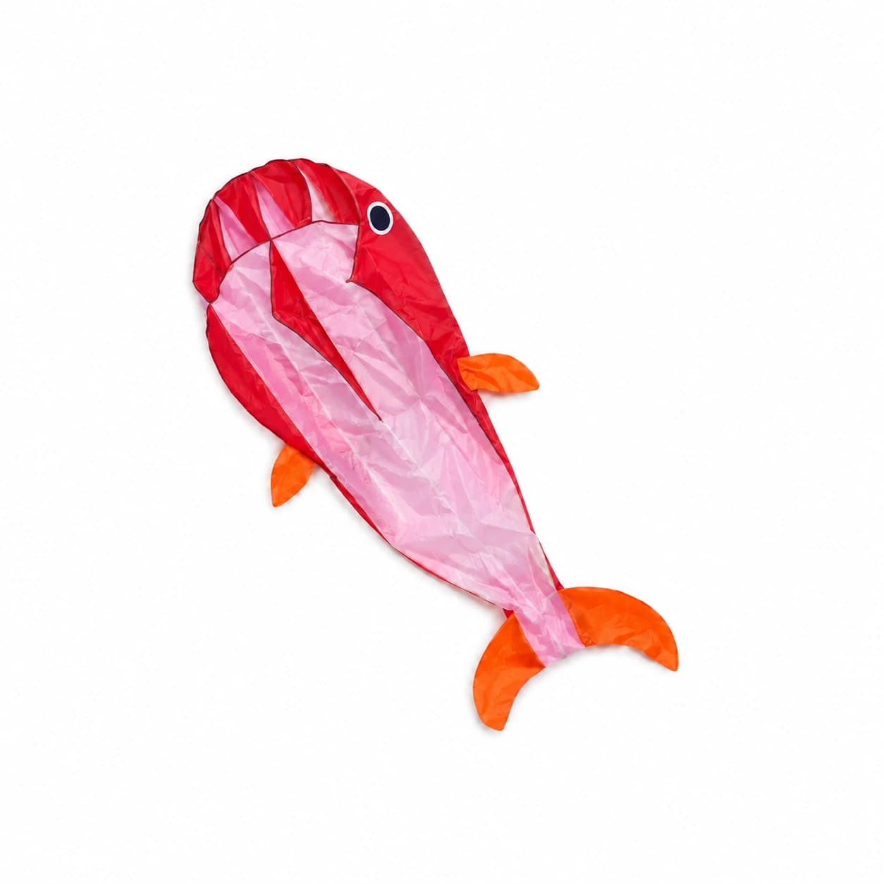 La voile baleine souple rouge et rose posée à plat, corps entier et nageoire caudale fourchue