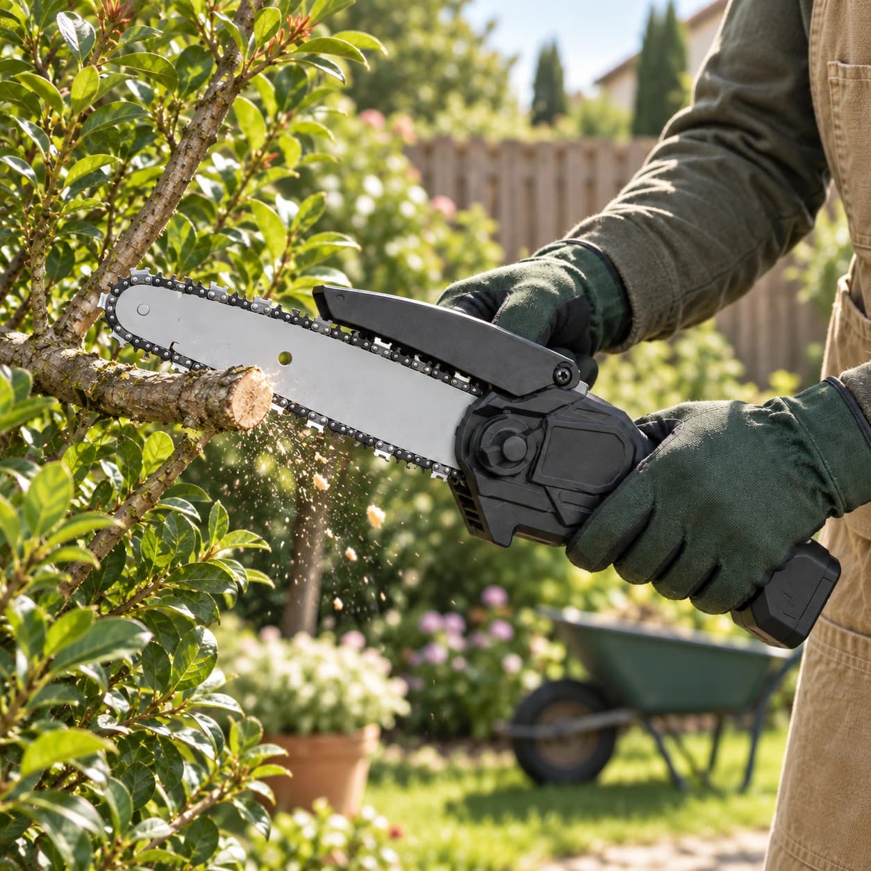 Mini tronçonneuse équipée de la chaîne de rechange, en train de tailler une branche au jardin