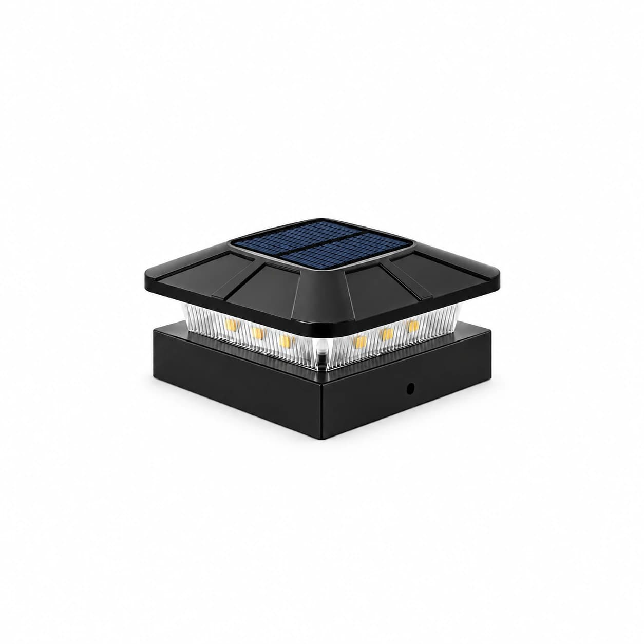 Le chapeau de poteau solaire noir vu de trois quarts sur fond blanc, panneau solaire carré affleurant sur le dessus