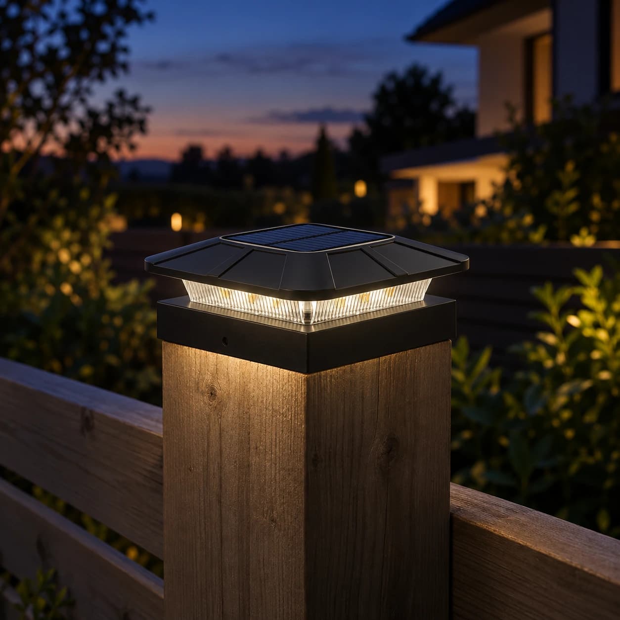 Le chapeau solaire posé sur un poteau de bois carré au crépuscule, son bandeau lumineux allumé en blanc doux