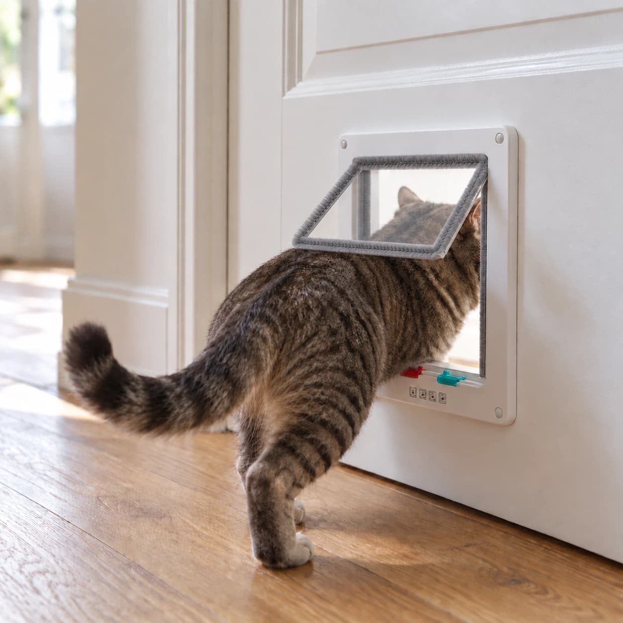 Chat tigré de dos poussant le volet transparent de la chatière blanche en bas d'une porte, parquet de chêne clair